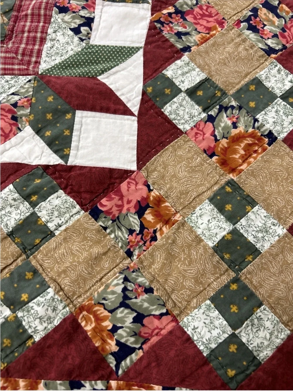 Vintage Handmade Patchwork Floral Quilt - Green, Red, Tan Approx. 81X81